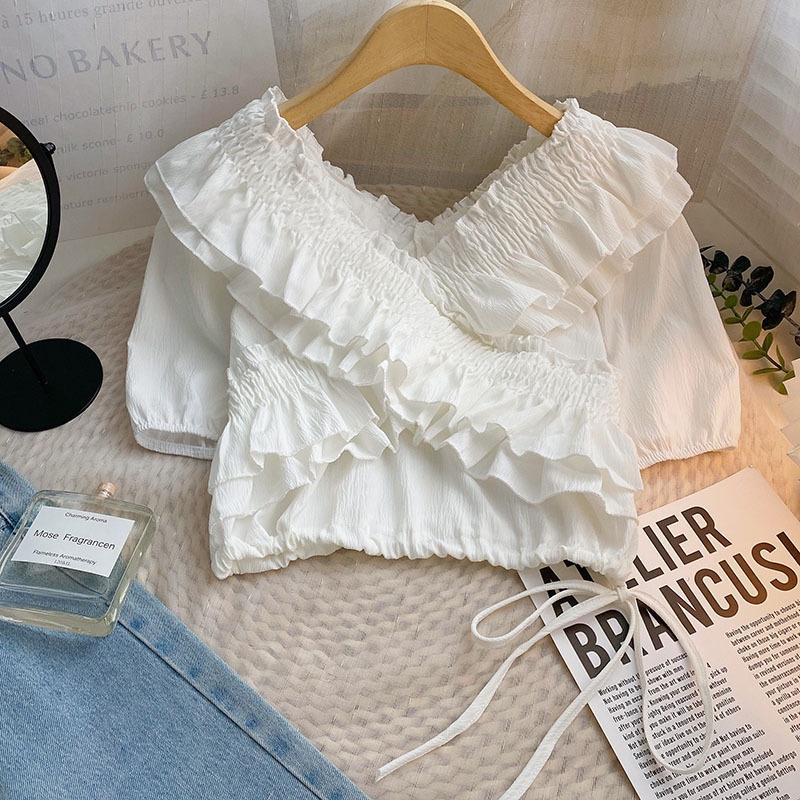 Áo Sơ Mi Ngắn Tay Cổ Chữ V Phối Bèo Thiết Kế Mới Thời Trang Mùa Hè Theo Phong Cách Hàn Quốc Cho Nữ