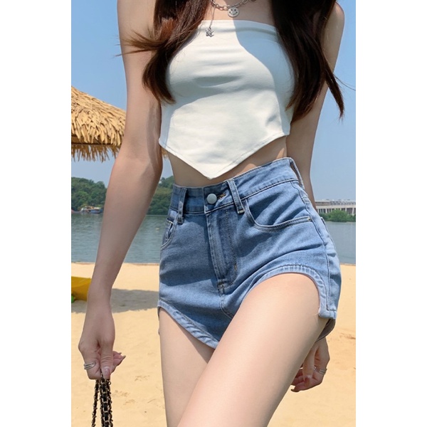 Quần Short Denim Chữ a Lưng Cao Màu Đen Thiết Kế Không Đồng Đều Phong Cách Mới Cho Nữ