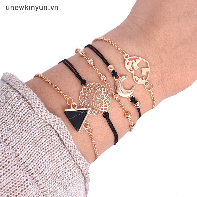 Bộ Vòng Tay Dây Thừng Màu Đen Họa Tiết Vỏ Sò / Mặt Trăng / Trái Tim Phong
