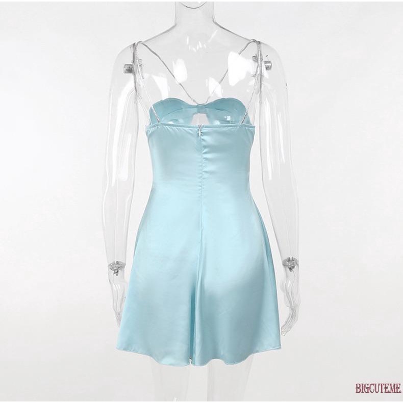 [] - Đầm Mini Hai Dây Cổ Chữ V Màu Trơn Sáng Bóng Mùa Hè Dành Cho Nữ