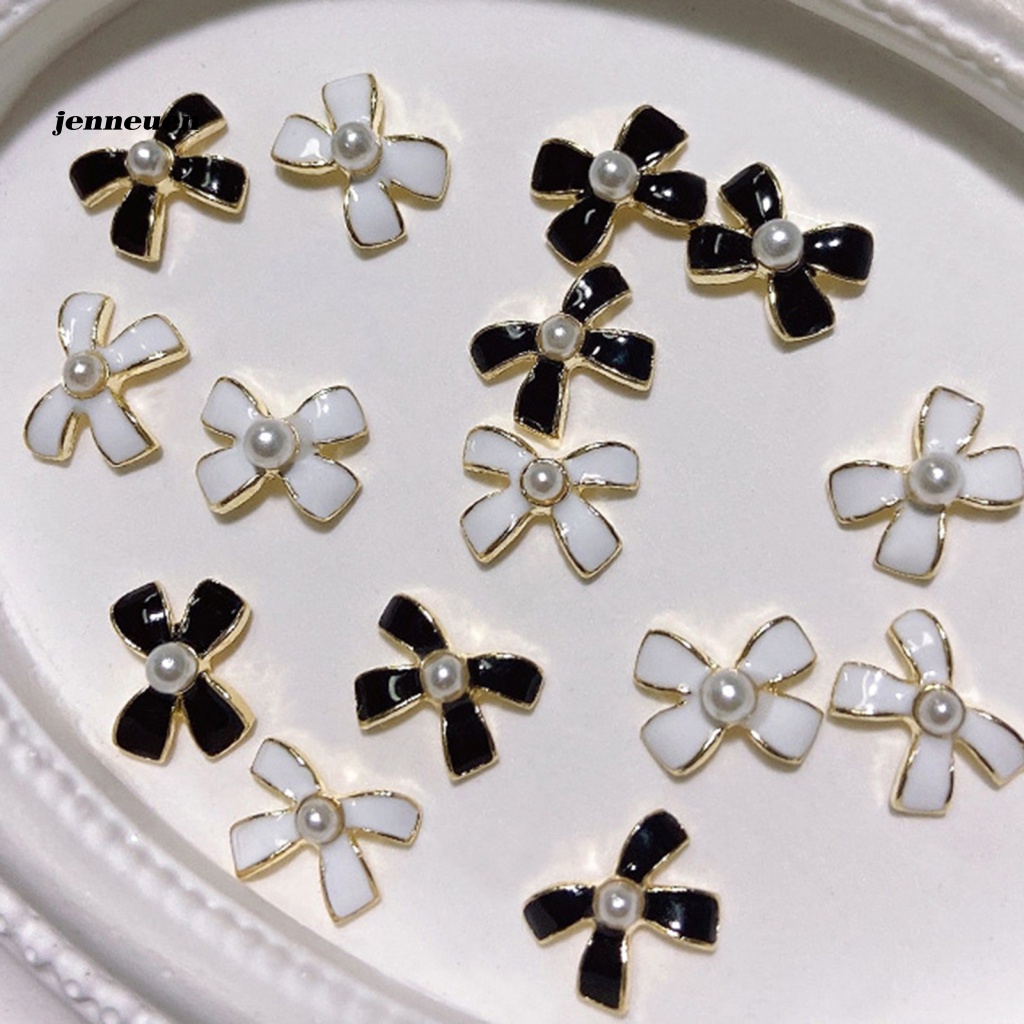 Set 5 Móng Tay Giả Bằng Kim Loại Đính Hạt Charm Nơ Trắng Đen Tự Nhiên Sáng Tạo