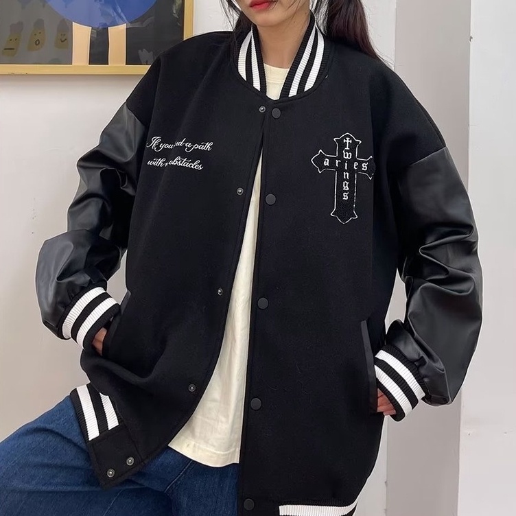 Áo Khoác Bomber Chất Liệu Da Thêu Họa Tiết Phong Cách Retro Mỹ