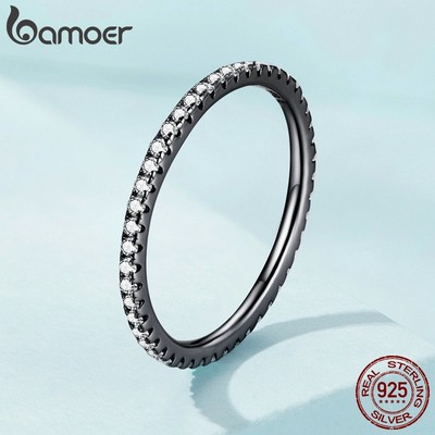 Bamoer Nhẫn Bạc 925 Đính Đá Zircon Đen Đơn Giản SCR066