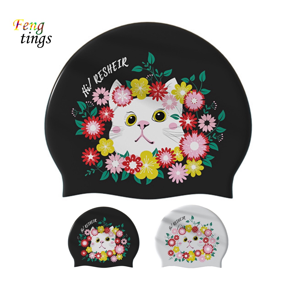 Mũ Bơi Silicon Chống Trượt Độ Co Giãn Cao In Họa Tiết Mèo Trắng / Đen Thời Trang Mùa Hè Cho Nữ
