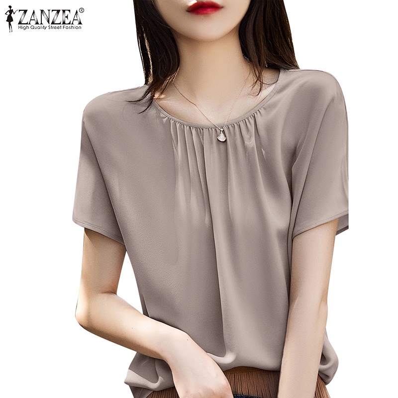 Zanzea Áo Sơ Mi Vải Satin Tay Ngắn Cổ Tròn Phong Cách Hàn Quốc Thời Trang Cho Nữ