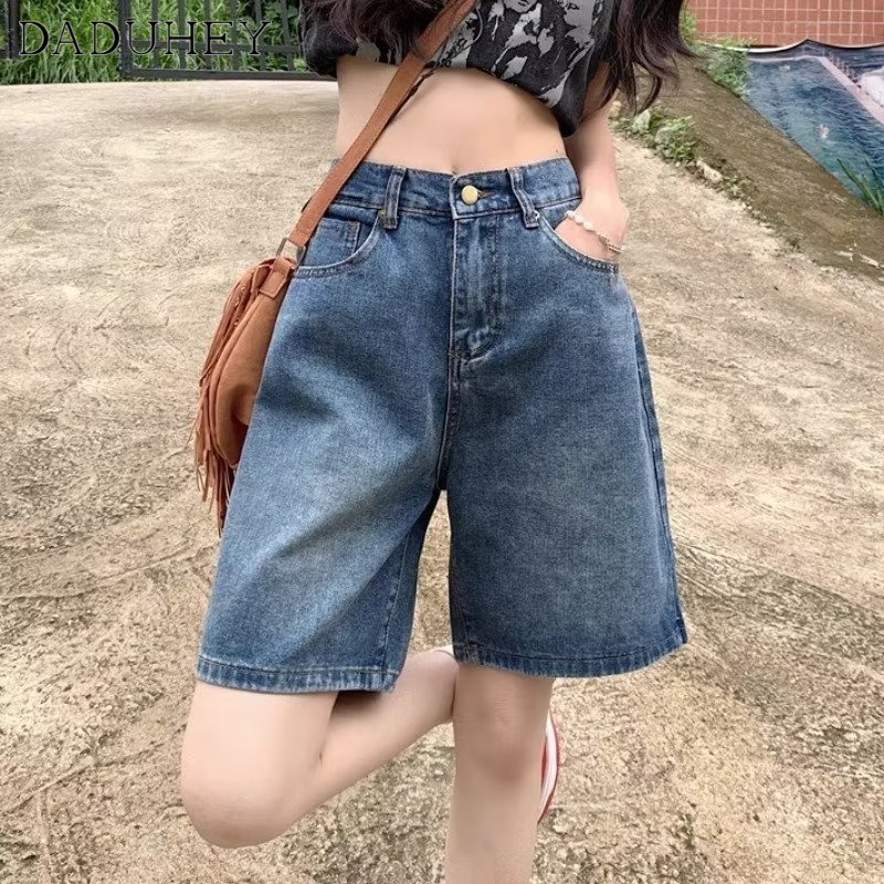 Quần short denim DADUHEY ống rộng lưng cao phong cách đường phố Mỹ mới