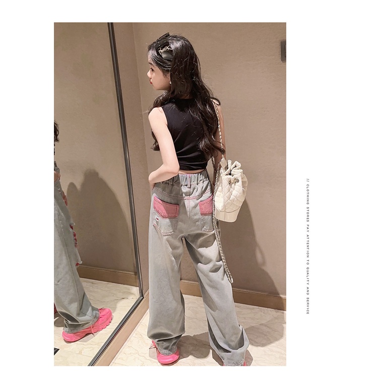 Quần Denim Ống Rộng Rách Phong Cách Châu Âu Mùa Hè 2023 Cho Bé Gái