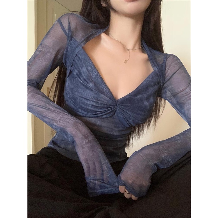 Milyfashion Áo Thun Tay Dài Chống Nắng Mỏng Cổ Chữ v Xuyên Thấu Ôm Dáng Mùa Hè Phong Cách Desire Cho Nữ