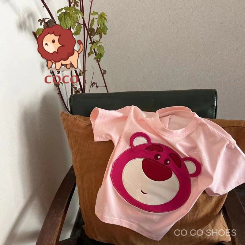 Áo Thun Cotton Tay Ngắn Kẻ Sọc Thêu Hình Gấu Dâu Tây Thời Trang Mùa Hè 2023 Mới Cho Bé Gái