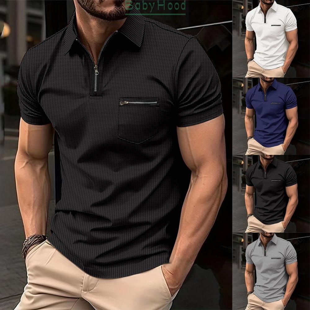 Mens Zip Neck Shirt Short Sleeve Regular Work Casual Slim Fit Tee Tops Formal#BBHOOD