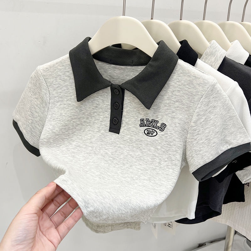 Áo Thun polo Ngắn Tay Màu Sắc Trơn Phong Cách Hàn Quốc Thời Trang Mùa Hè Cho Bé Gái