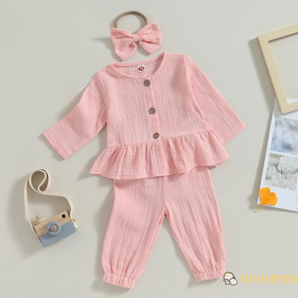 Bộ Áo Sơ Mi Tay Dài Cài Khuy + Quần Dài + Băng Đô Cài Tóc Xinh Xắn Cho Bé Gái 0-3 Tuổi