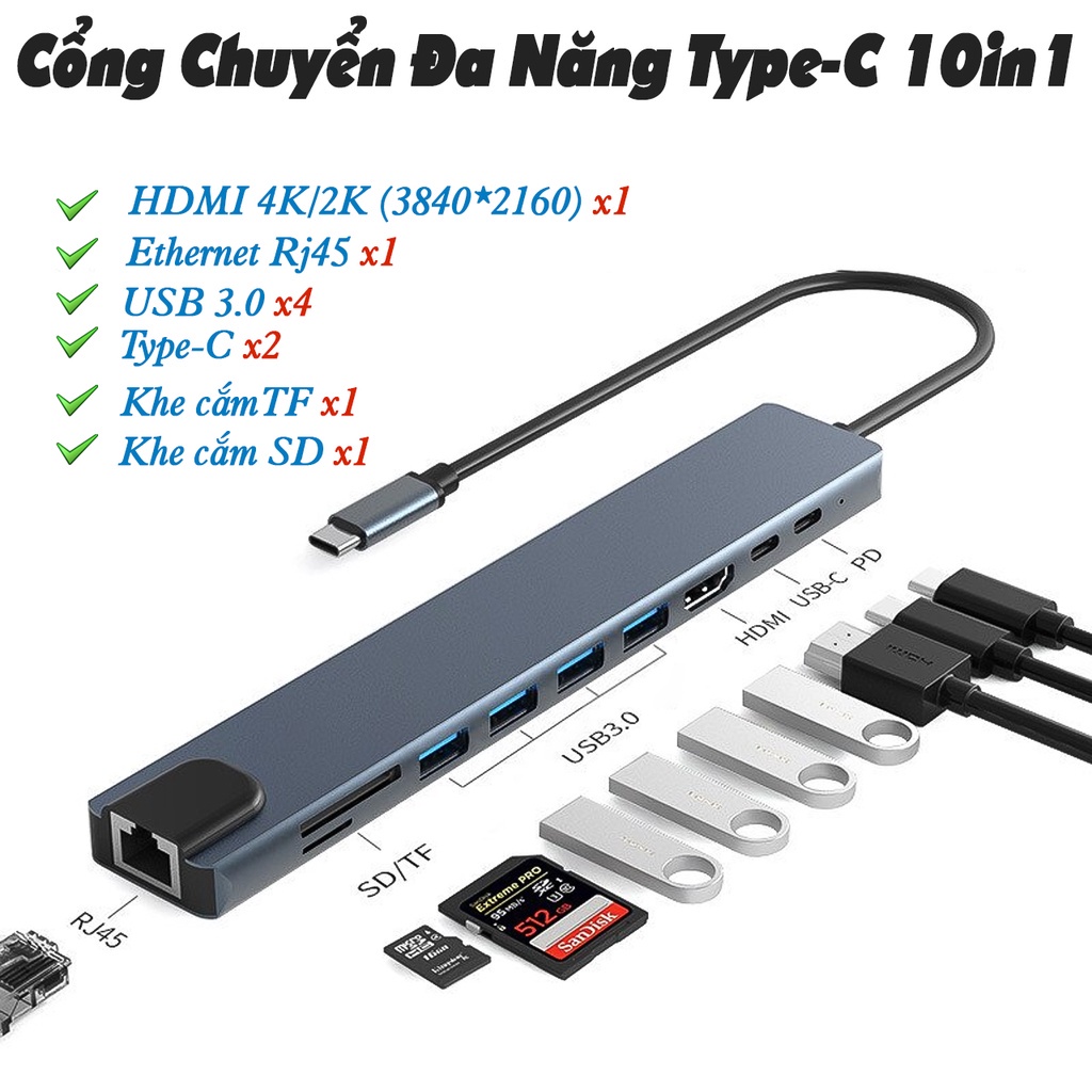 Cổng chuyển đổi HUB USB Type-C to HDMI,USB 3.0,SD,TF,RJ45,PD Type-C,đồng bộ hoá với nhiều thiết bị Laptop ,táo..