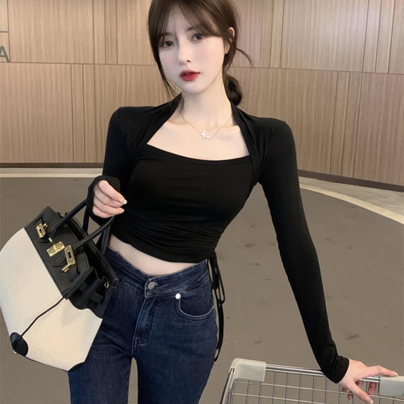 Áo Croptop Tay Dài Cổ Vuông Thiết Kế Dây Rút Thời Trang Mùa Thu Quyến Rũ Cho Nữ