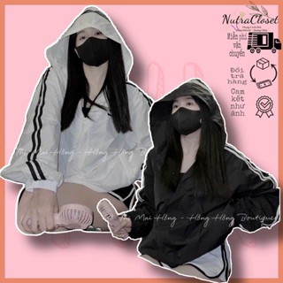 Áo khoác dù lửng croptop có nón phối viền rút dây unisex ulzzang nam nữ