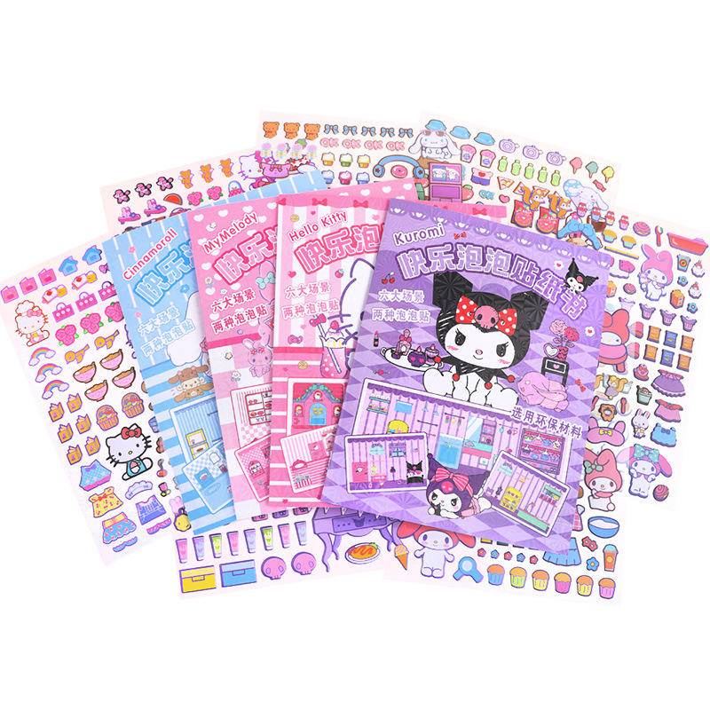 Sanrio mymelody kuromi cinnamoroll cartoon cubic bubble sticker kitchen food themed handbook goo card sticker book toàn bộ trang trí cho trẻ em quà tặng ngày trẻ em
