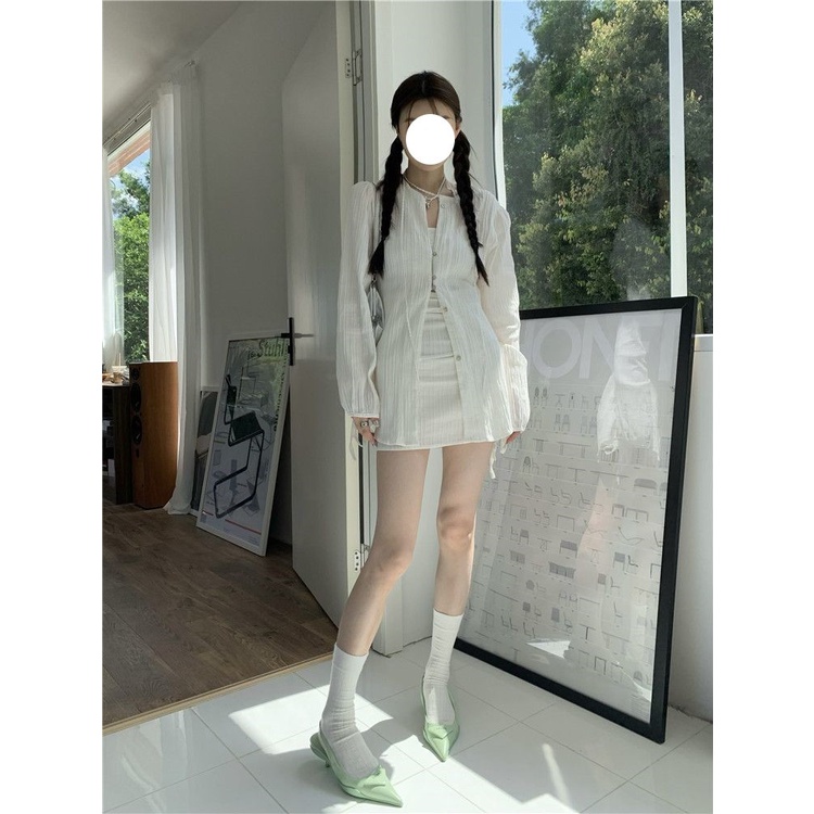 Bộ Áo Sơ Mi Tay Dài Dáng Ôm + Chân Váy Ngắn Lưng Cao Thời Trang Mùa Hè Xinh Xắn Cho Nữ