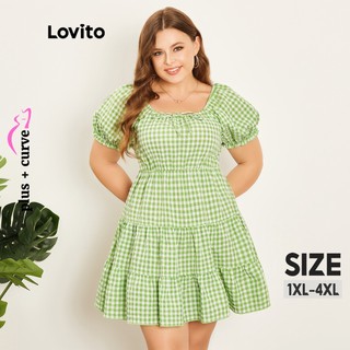 Đầm nữ Lovito tay phồng kiểu chữ A đính nơ họa tiết caro thường ngày tôn đường cong size lớn LPS07024 (Xanh lá)