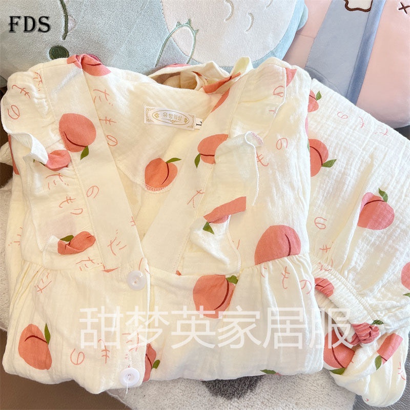 Fds peach pyjamas women's spring and autumn new long-leeved quần dài cô gái ngọt ngào bộ đồ mặc nhà dễ thương