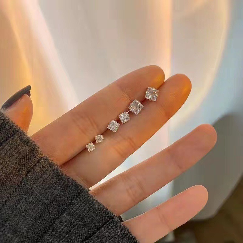 Set 6 Bông Tai Mạ Bạc 925 Hình Vuông Nhỏ Không Gây Dị Ứng