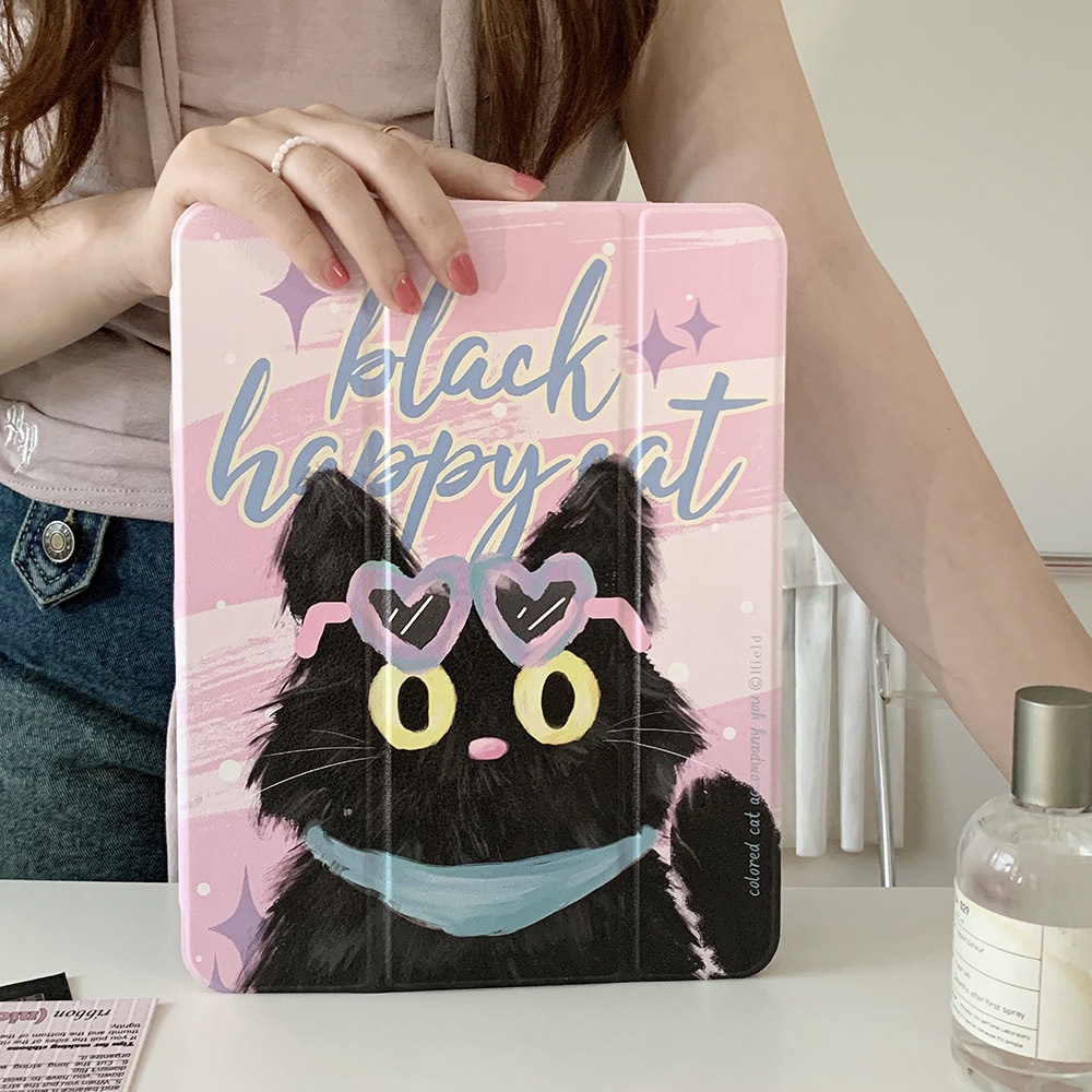 Vỏ cứng acrylic màu đen happy cat pattern case tương thích với ipad mini6 ipad5 6 7 8 9 air air air1 air2 air4 air5 10.9 "pro11 2018 2020 2021 2022 bao da