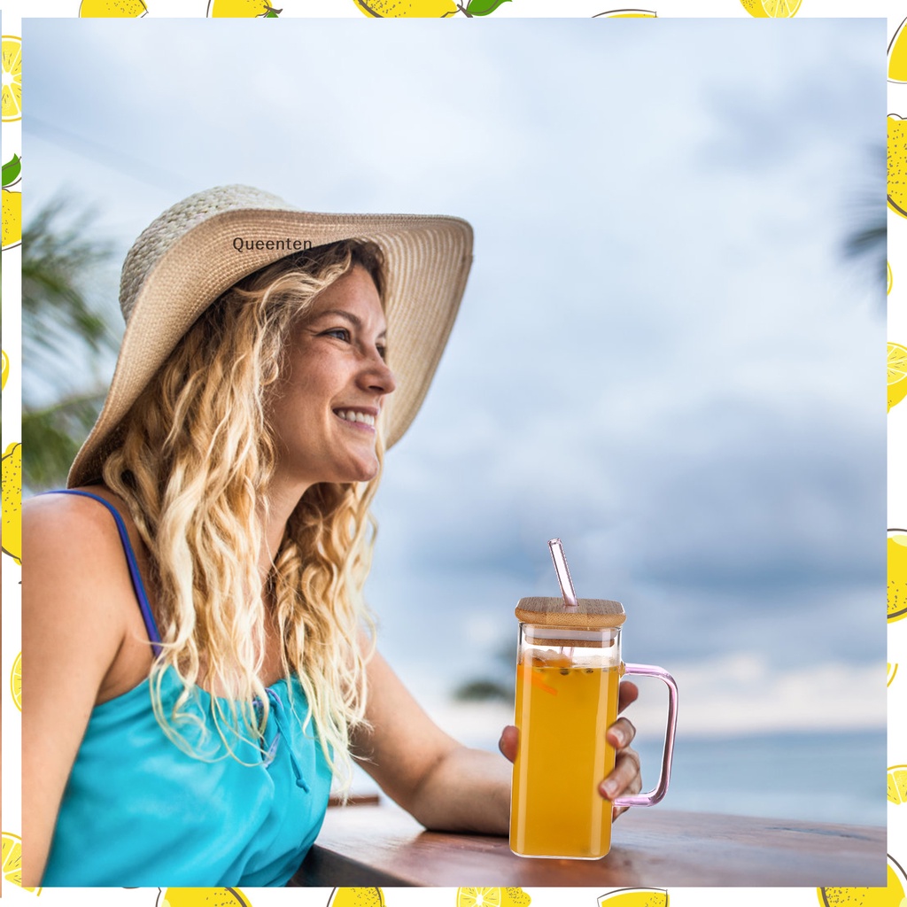 Ly uống queenten 4 gói có nắp tre và ống hút thủy tinh, ly thủy tinh 14oz / 400ml có nắp và ống hút, ly uống vuông cho cocktail, rượu whisky, cà phê nóng / đá, juic