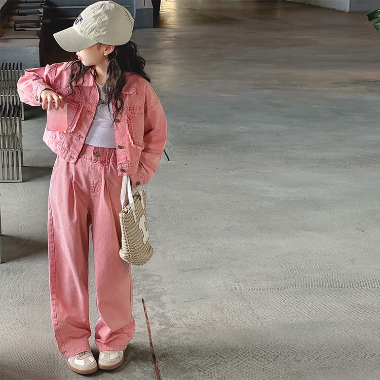 Set Áo Khoác denim Màu Hồng + Quần Dài Thời Trang Mùa Thu Cho Bé Gái