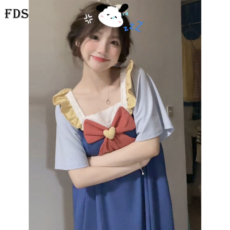 Fds snow white princess style pyjamas women's summer new sweet bow short sleeve over-the-knee nightdress home wear