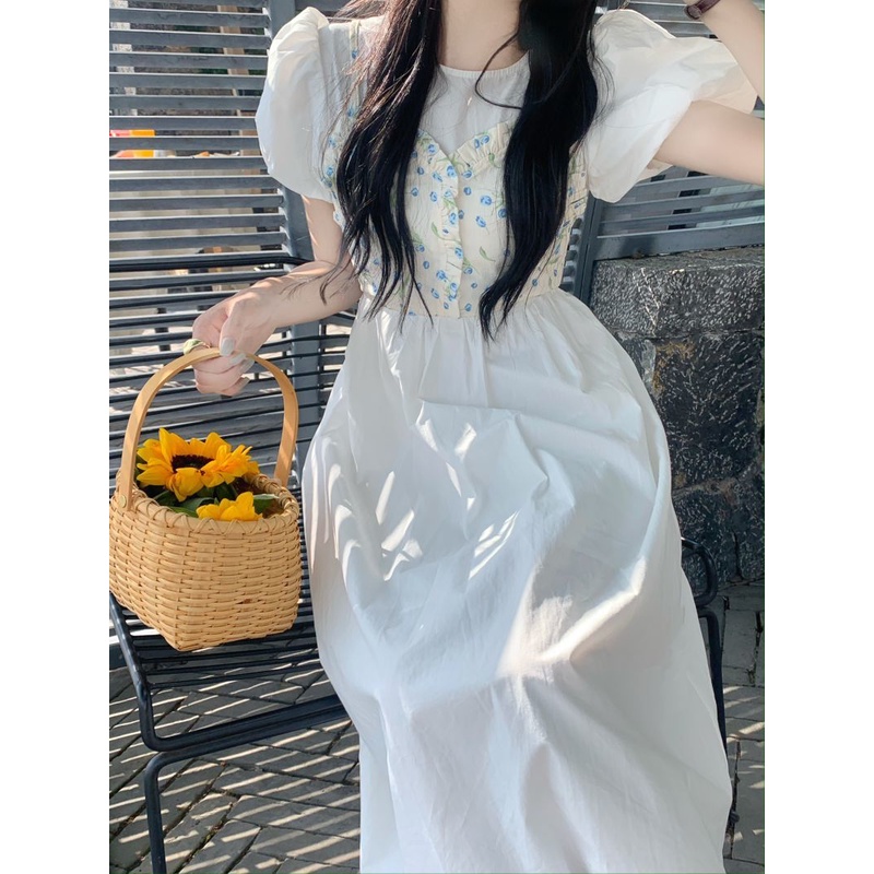 Váy dài thời trang retro hoa giả hai chiếc váy dài eo người phụ nữ