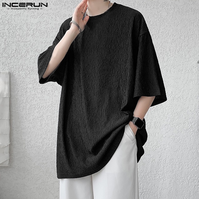Áo thun INCERUN cổ tròn tay ngắn màu trơn phong cách Hàn Quốc dành cho nam