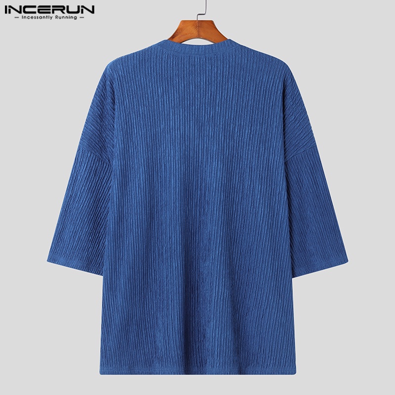 Áo thun INCERUN cổ tròn tay ngắn màu trơn phong cách Hàn Quốc dành cho nam