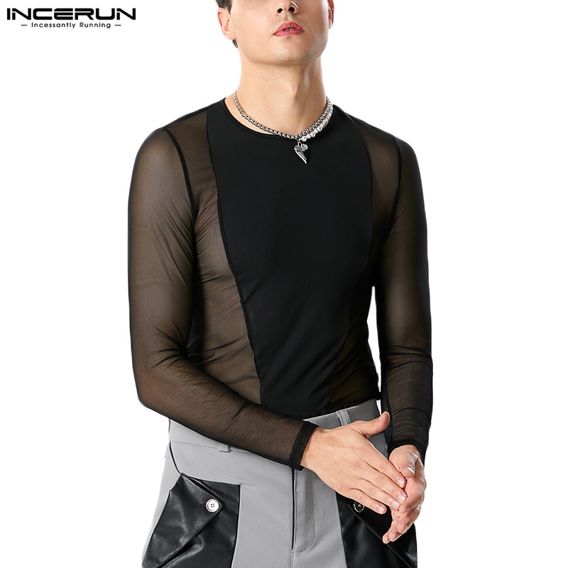 Incerun đàn ông sexy lưới nối bộ đồ liền thân dài tay màu rắn