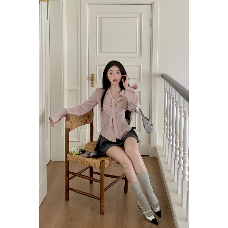 「Nonfatgirl」Pure Desire Áo Sơ Mi Lụa Satin Tay Dài Thắt Eo Hẹp + Chân Váy Eo Cao Hakama Kẻ Sọc Màu Hồng Ngọt Ngào Mùa Xuân Cho Nữ Haka