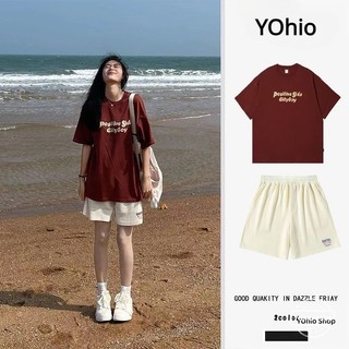 Plus size bộ thể thao nữ sinh viên hàn quốc burgundy ngắn tay t-shirt quần short ống rộng thông thường