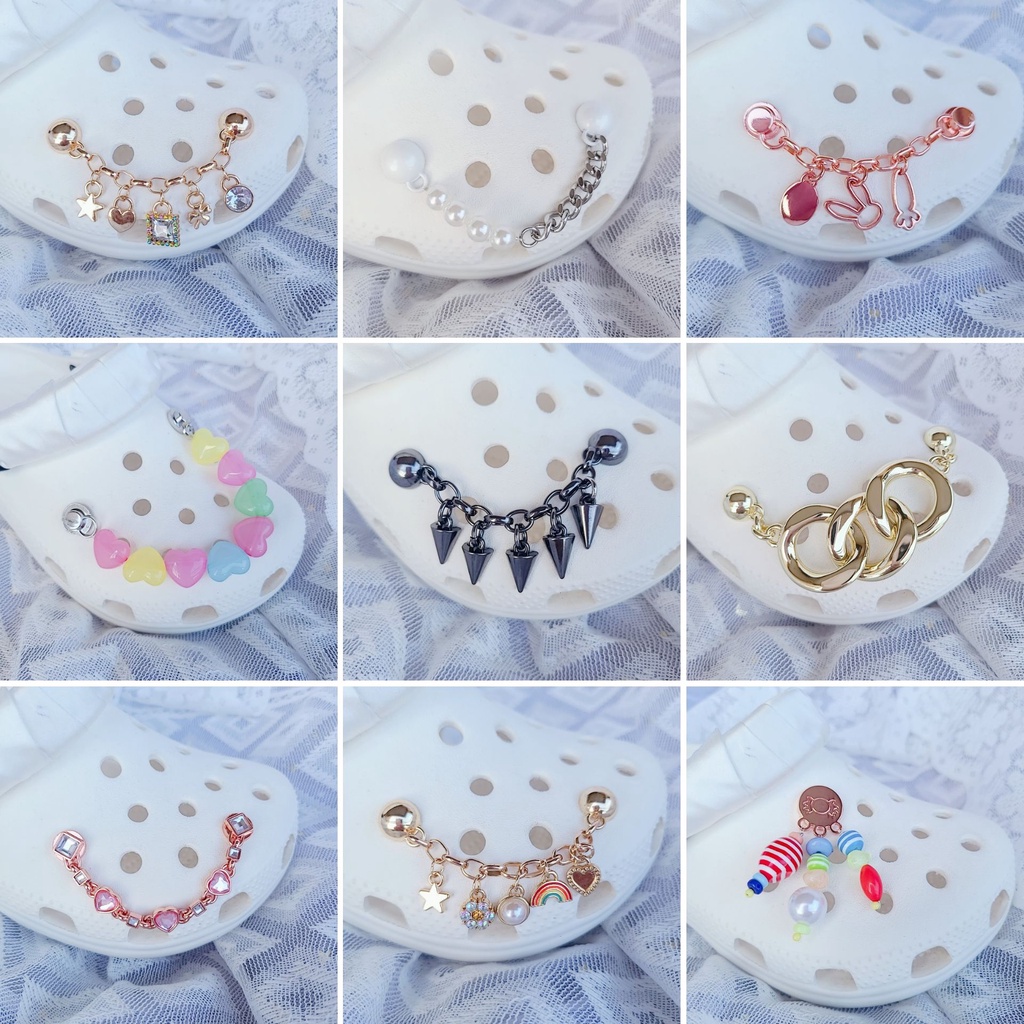 Thời trang crocs charm kim loại mới diy metal/pearl/rivet/punk/diamond/gem/chain charm set shoes phụ kiện
