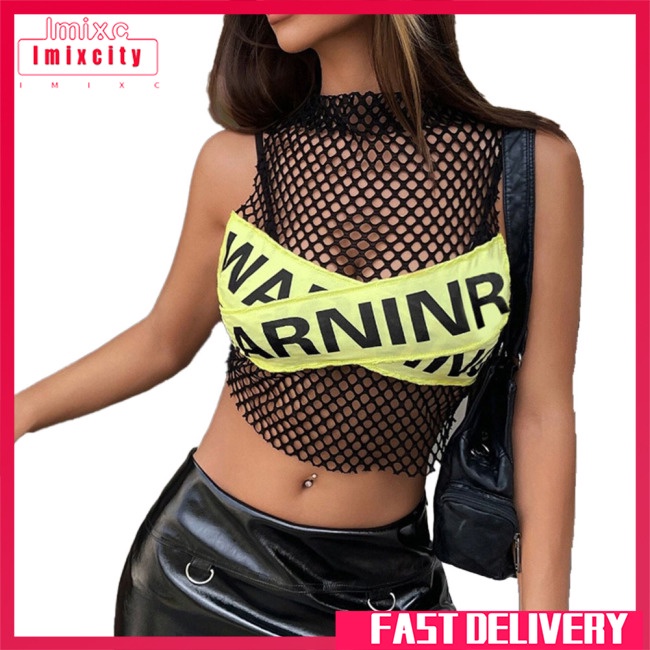 Áo lưới croptop IMIXCITY không tay in màu tương phản nhìn thấy phối rỗng phong cách sexy cho nữ