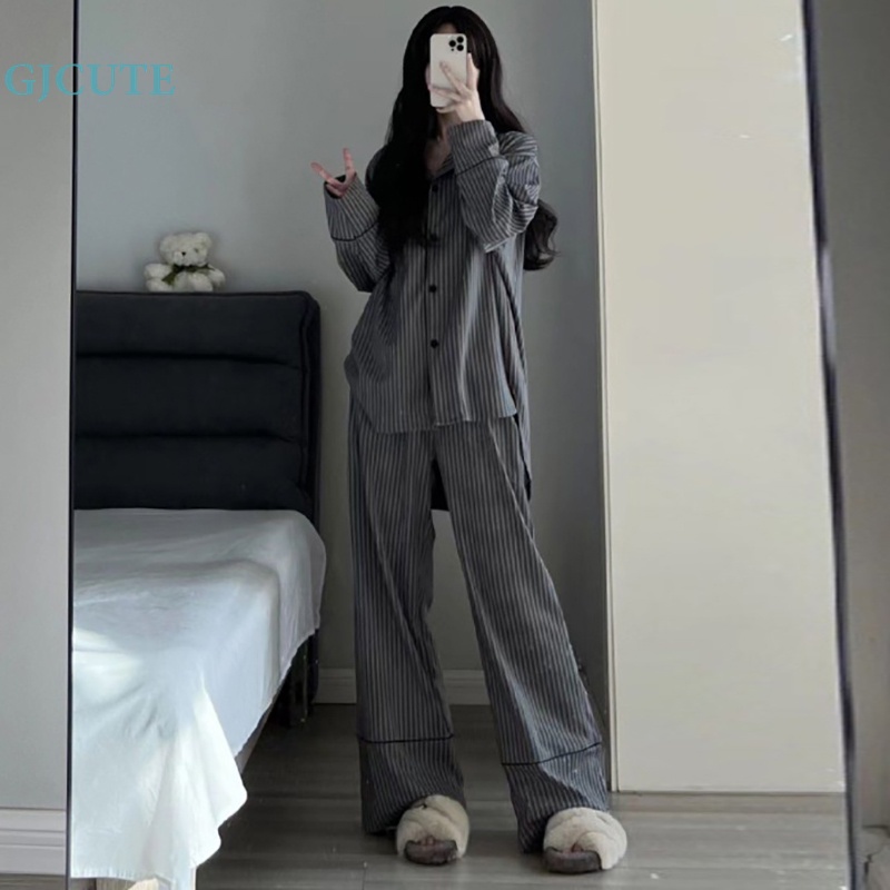 Bộ Đồ Ngủ Pijama Dài Tay Mềm Mại Họa Tiết Kẻ Sọc Cho Nữ