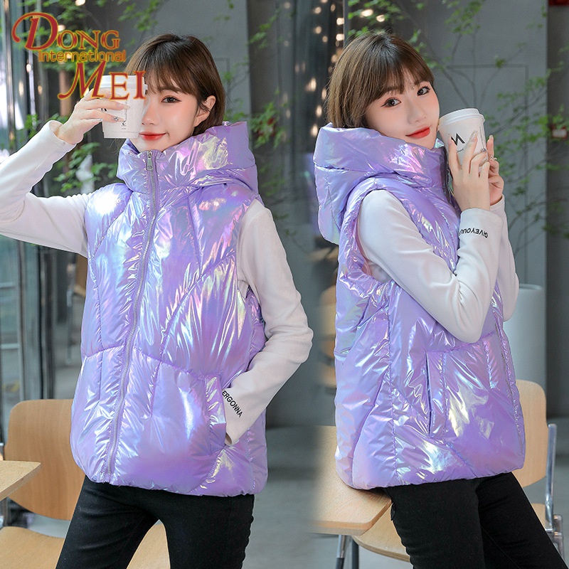 2023 mùa đông phong cách mới phiên bản hàn quốc xuống cotton lỏng lẻo đứng-up cổ áo sáng bóng ngắn dày cotton vest áo khoác ghi lê nữ