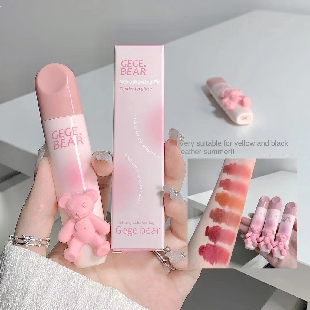 Gege bear lip gloss cute pink bear matte moisturize water proof lasting không dễ phai màu son môi đầy màu sắc nổi bật