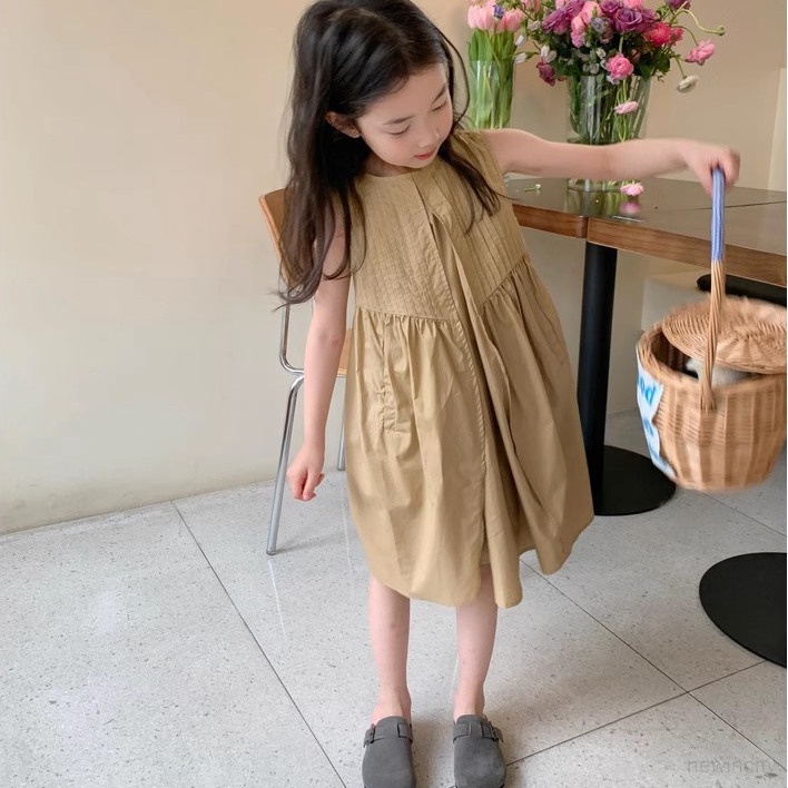 Trẻ em hàn quốc cô gái thường không tay xù váy đồng màu