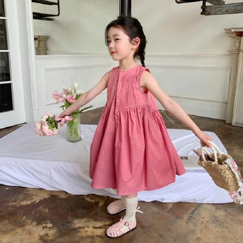 Trẻ em hàn quốc cô gái thường không tay xù váy đồng màu