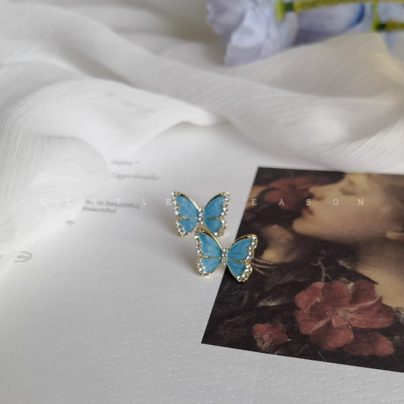 Bông Tai Hình Bướm Màu Xanh Dương Đính Đá Lấp Lánh Thời Trang Cho Nữ