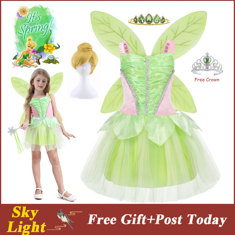 Bộ Đầm Công Chúa Tiên Tinker Bell Kèm Cánh / Vương Miện Hóa Trang / Làm Quà Tặng Toàn Diện Cho Bé Gái