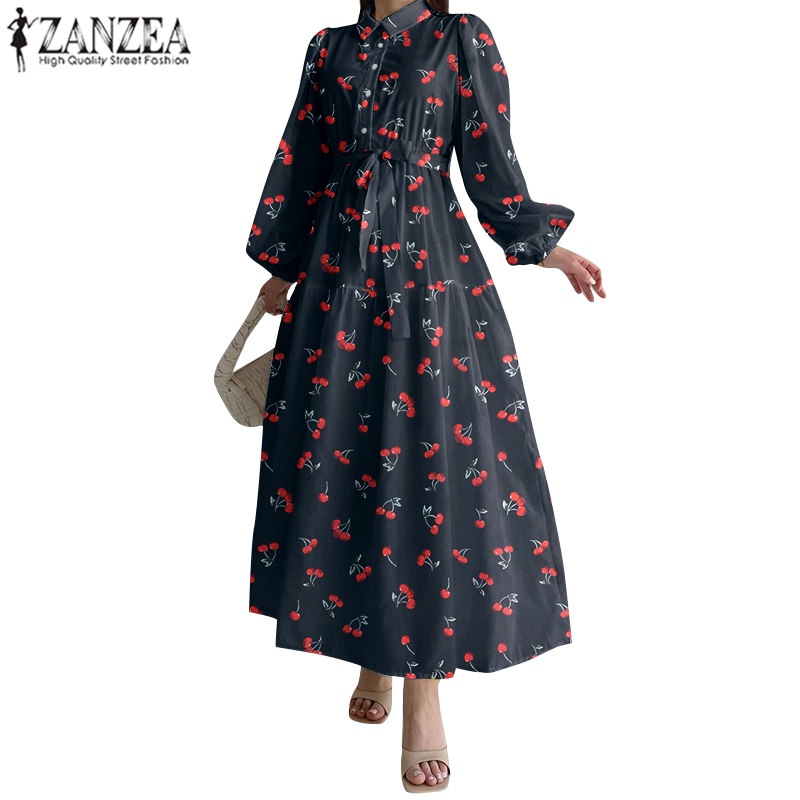 Đầm maxi ZANZEA dáng chữ A tay dài phồng in họa tiết hoa thời trang thanh lịch cho nữ