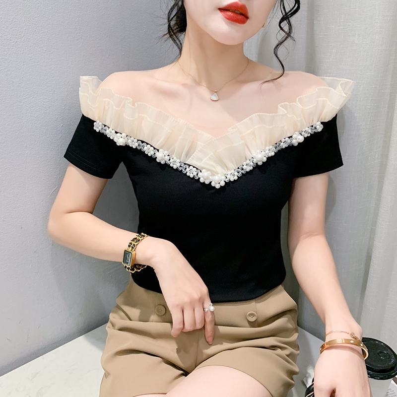 Áo Thun Ngắn Tay Cổ Phẳng Đính Hạt Thời Trang Mùa Hè Gợi Cảm Cho Nữ