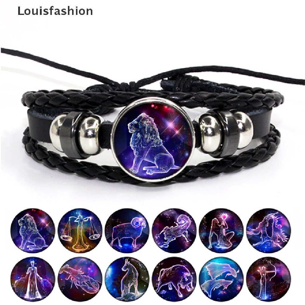 Vòng Đeo Tay Louisfashion 12 Cung Hoàng Đạo Bện Dây Da Màu Đen Phong Cách Punk