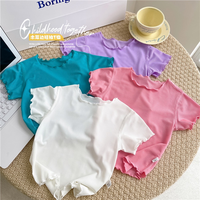 80-140cm Phiên Bản Hàn Quốc Bé Gái Mùa Hè Màu Kẹo Áo Thun Trung Nhỏ Trẻ Em Băng Lụa Ren Ngắn Tay Phù Hợp Với Chị Nấm Cạnh Top