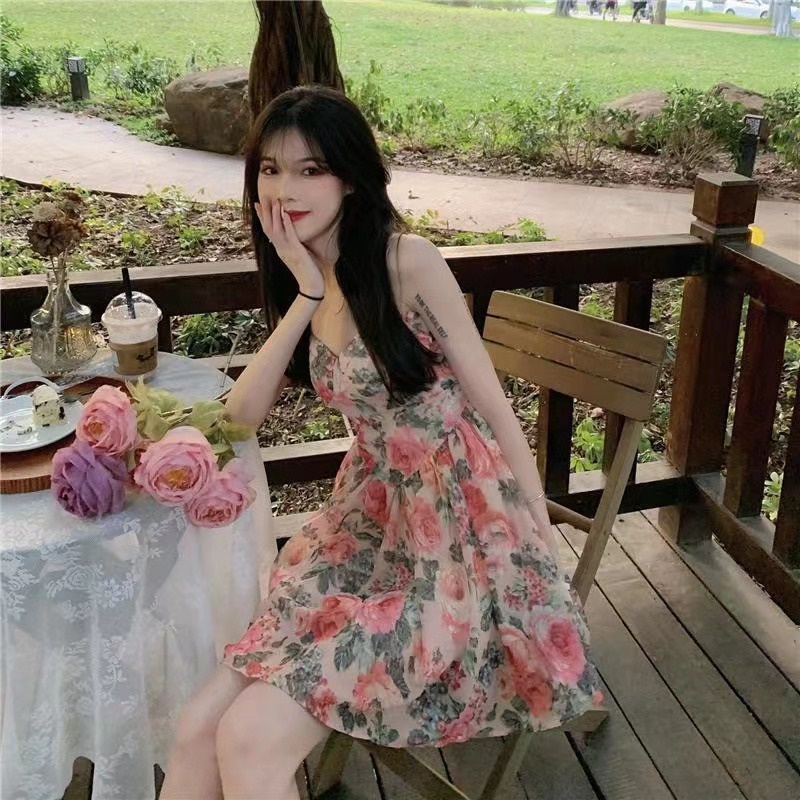 Đầm Hai Dây Lưng Cao Họa Tiết Hoa Phong Cách Pháp