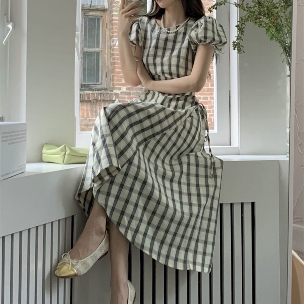 DIDIKA Đầm dáng dài tay phồng họa tiết kẻ sọc phong cách Hàn Quốc thời trang mùa hè mới cho nữ