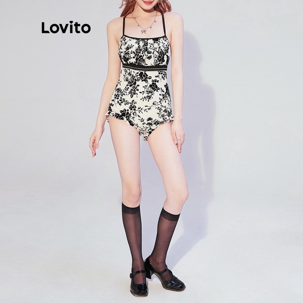 Đồ bơi một mảnh Lovito cổ vuông đệm ngực có thể tháo rời thắt dây phối dây tương phản họa tiết hoa cho nữ L48AD018 (màu đen)